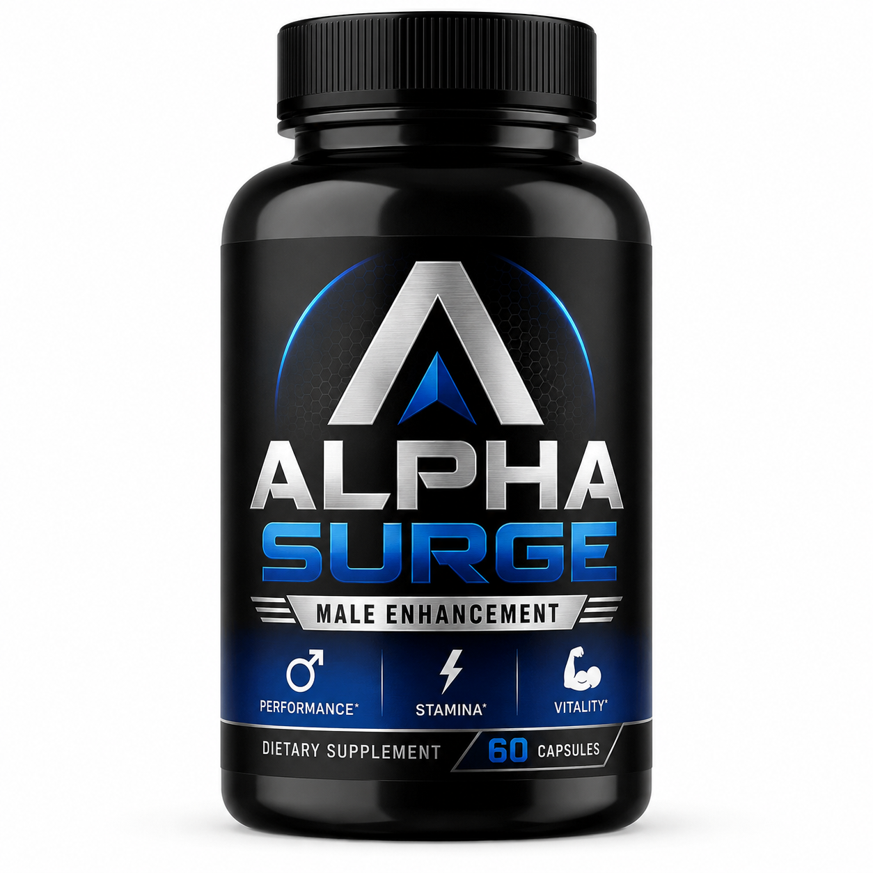 Alpha Surge Male Enhancement dietary supplement bottle with 60 capsules